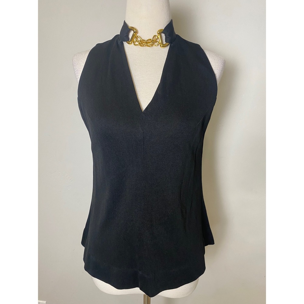 Vintage 60s Up-Beat Inc Black Knit Halter Top Gold Chain Link V-Neck Mod Top - Picture 1 of 6
